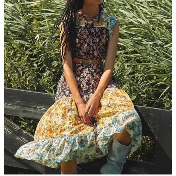 Anthropologie Ruffled Tiered Boho Romantic Coquette Patchwork Maxi Dress Med - Picture 1 of 10